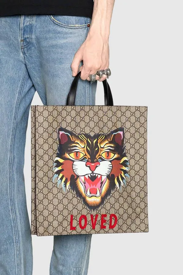 Angry Cat Print GG Supreme Tote