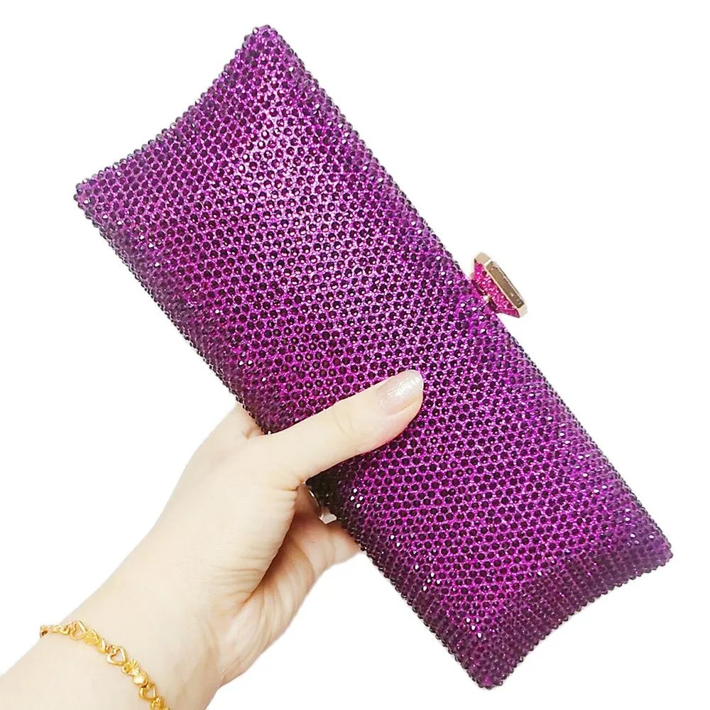 Chaliwini Fuchsia Evening Clutch Purses Women Handbags Luxury Designer Folds Chain Crystal Clip Crossbody Bags Wedding Party