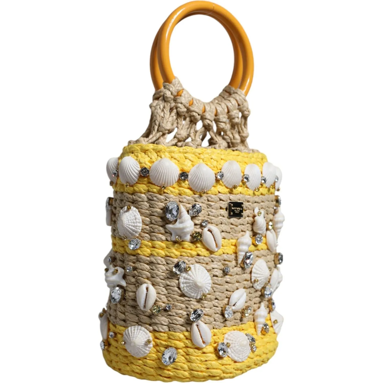 Dolce & Gabbana Beige Yellow Rafia Seashells Crystal Bucket Bag