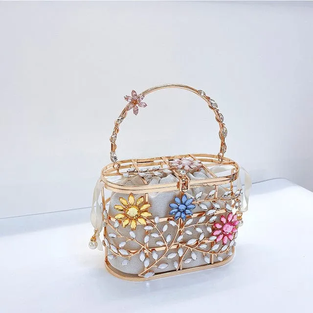 Floral Hollow Out Metallic Cage Clutch