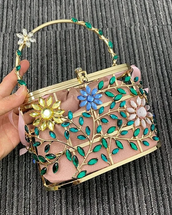 Floral Hollow Out Metallic Cage Clutch