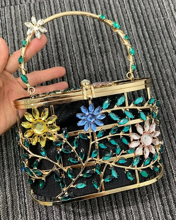 Floral Hollow Out Metallic Cage Clutch