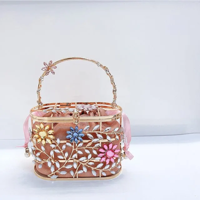 Floral Hollow Out Metallic Cage Clutch