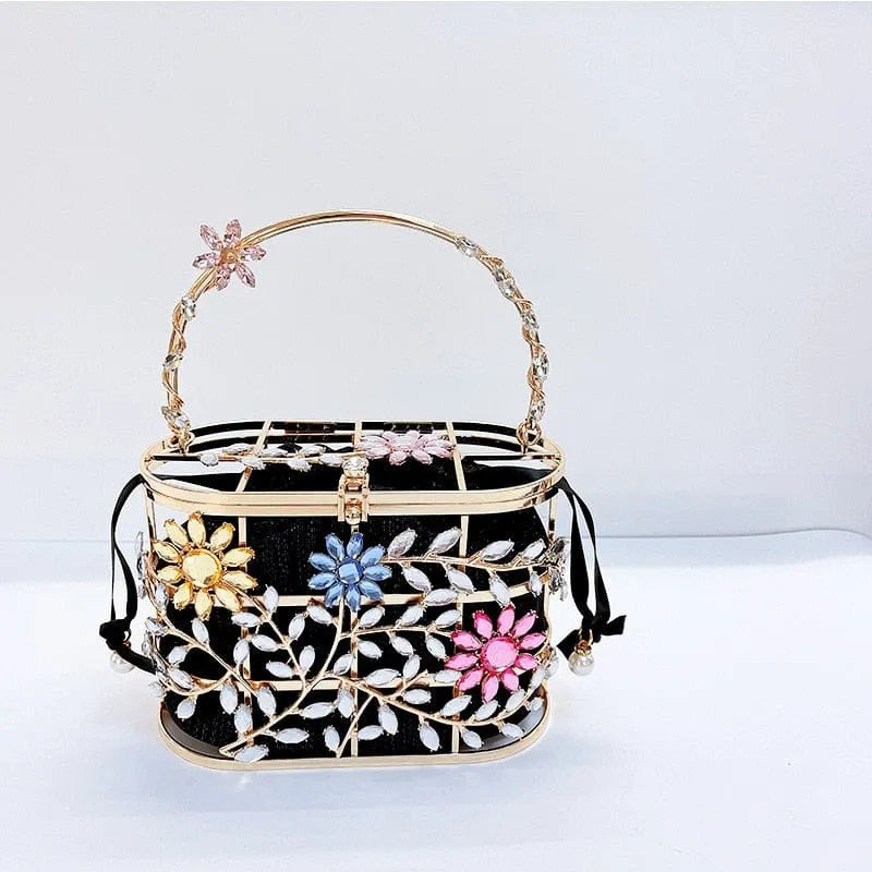 Floral Hollow Out Metallic Cage Clutch