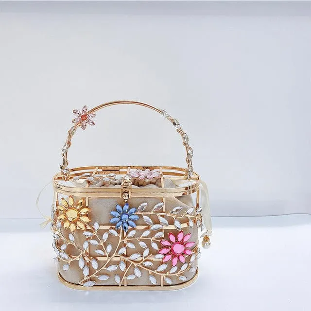 Floral Hollow Out Metallic Cage Clutch