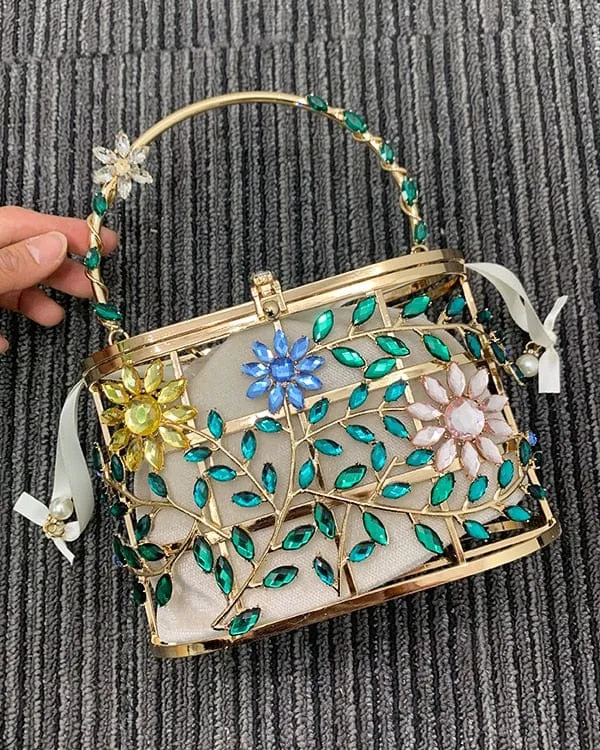 Floral Hollow Out Metallic Cage Clutch