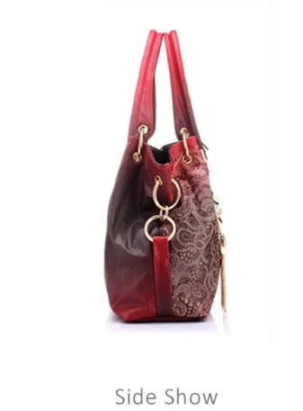 Floral PU Leather Hollow Out Shoulder Bag with Tassels