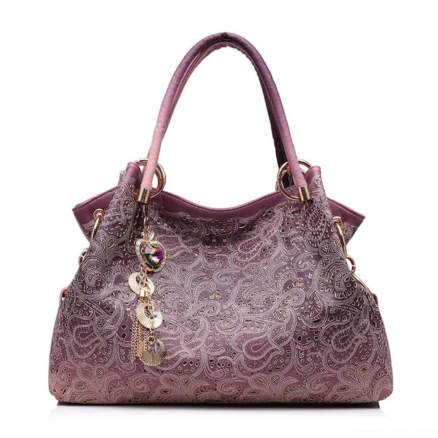 Floral PU Leather Hollow Out Shoulder Bag with Tassels