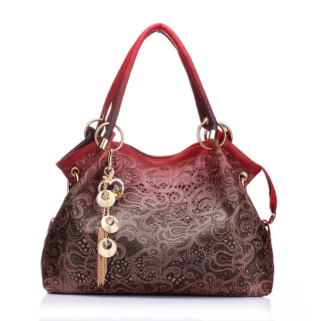 Floral PU Leather Hollow Out Shoulder Bag with Tassels