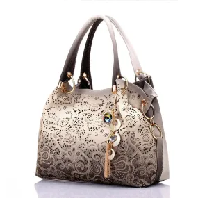 Floral PU Leather Hollow Out Shoulder Bag with Tassels