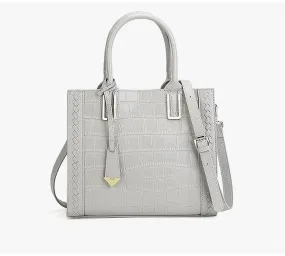 Genuine Leather Lady Tote With Metal Handbags Grey