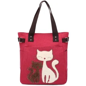 KAUKKO Cute Cat Totes Women Canvas Handbags ( Red )