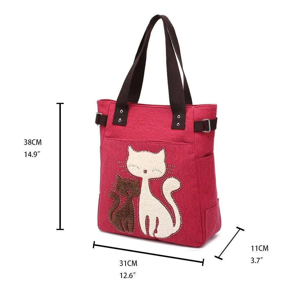 KAUKKO Cute Cat Totes Women Canvas Handbags ( Red )