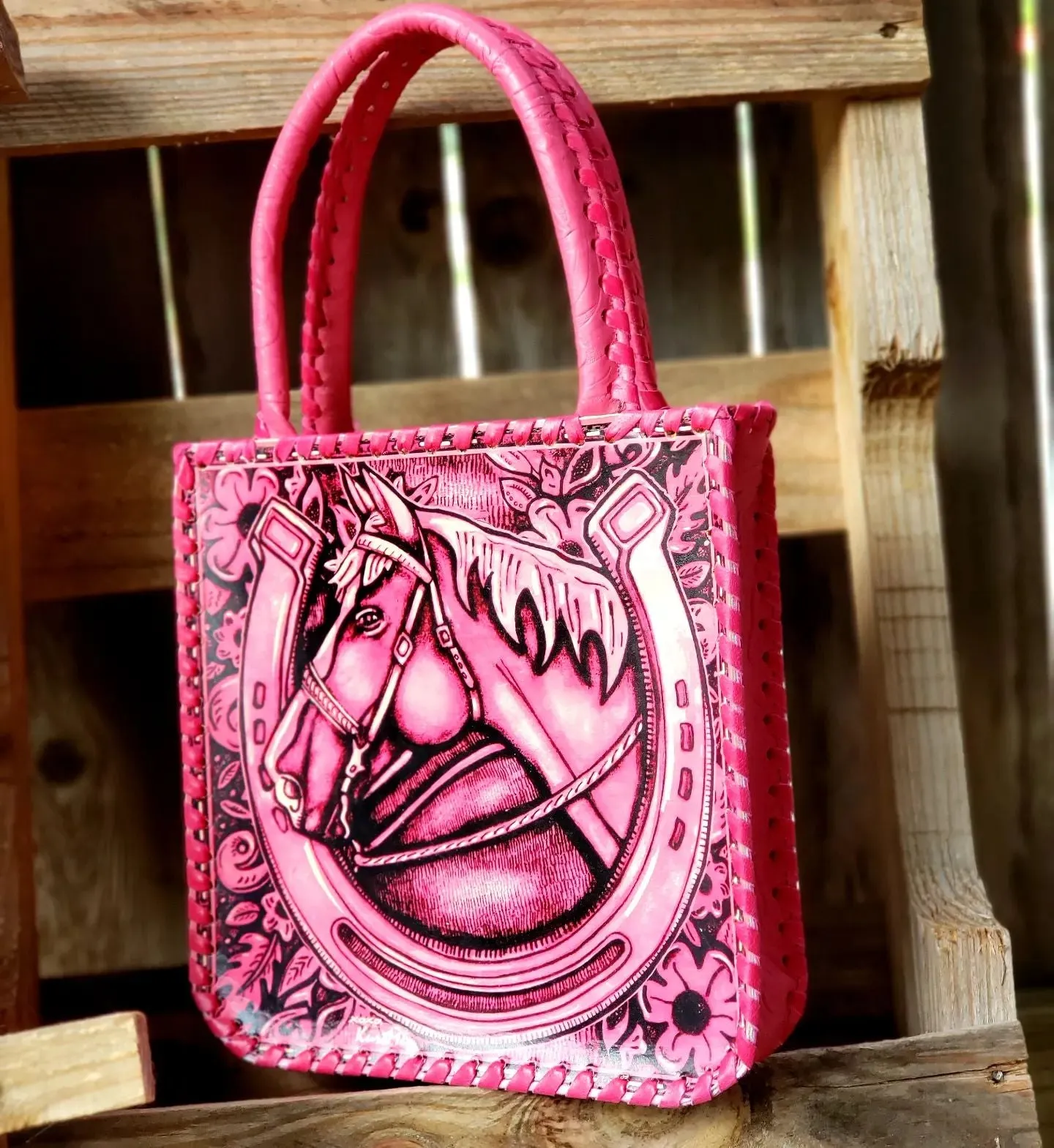 KurtMen Pink Horse Head Tooled Petite Traveler Tote