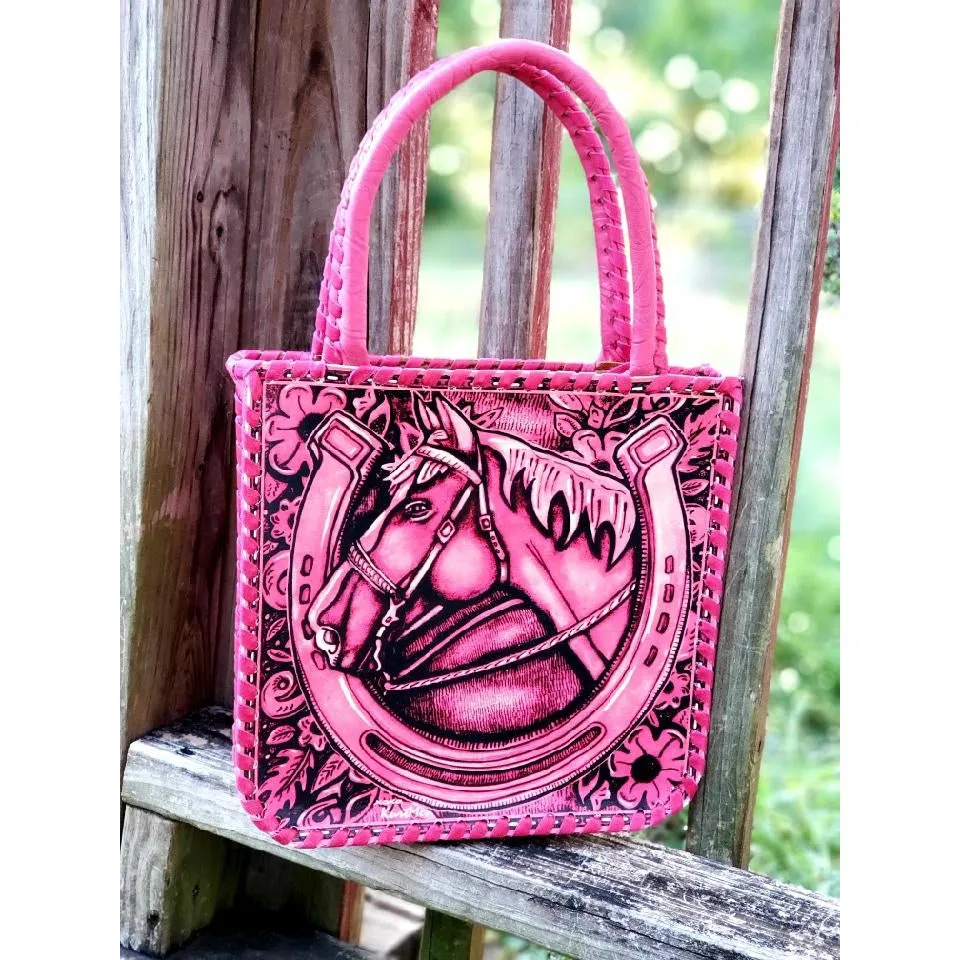 KurtMen Pink Horse Head Tooled Petite Traveler Tote