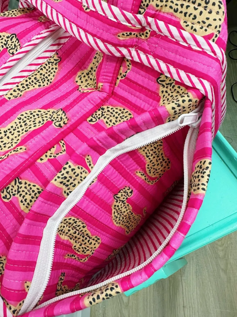 Leopard Hot Pink Stripe Quilted Weekender Bag