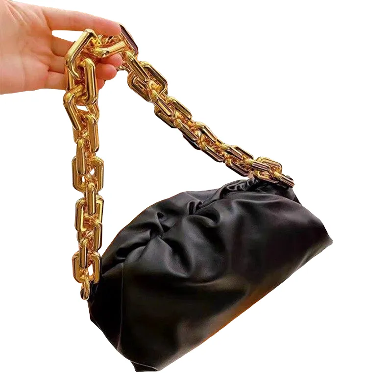 Luxury Fashionable Female Soft Leather Pleated Shoulder Bag With Thick Metal Chain