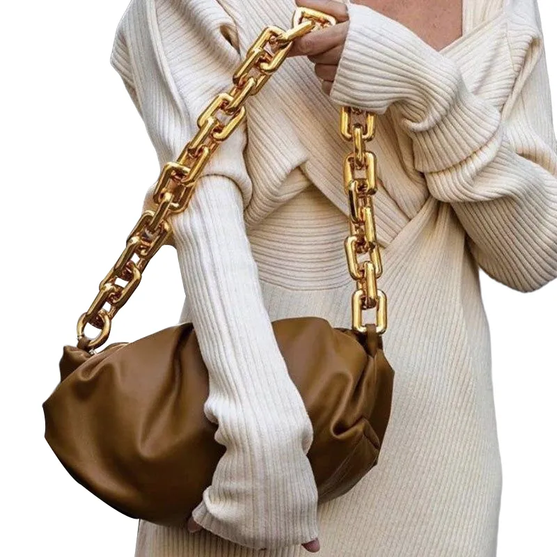 Luxury Fashionable Female Soft Leather Pleated Shoulder Bag With Thick Metal Chain