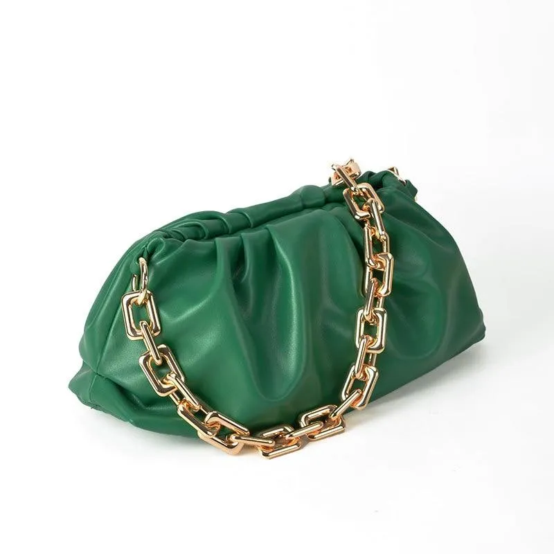 Luxury Fashionable Female Soft Leather Pleated Shoulder Bag With Thick Metal Chain