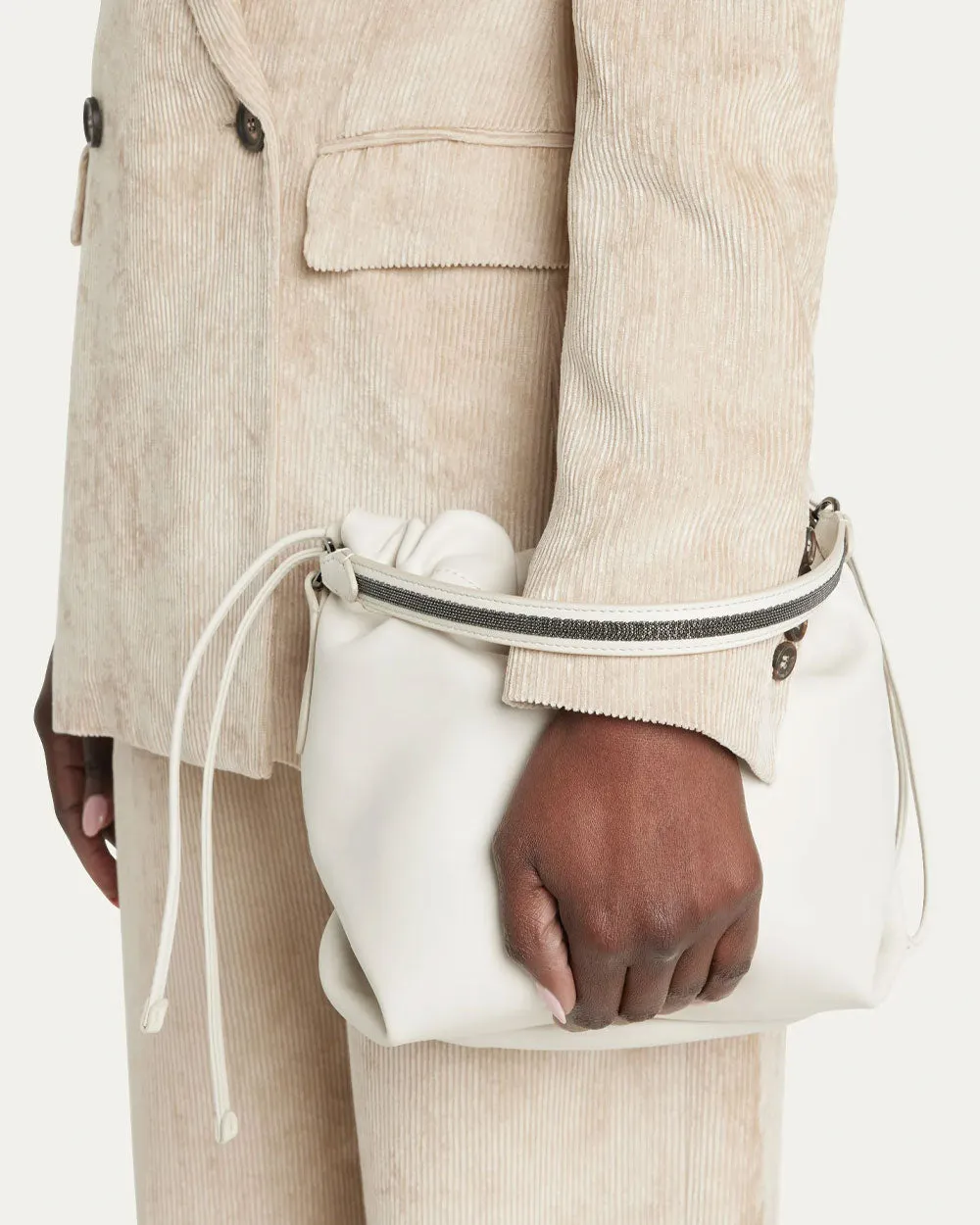 Monili Trim Bucket Bag in White