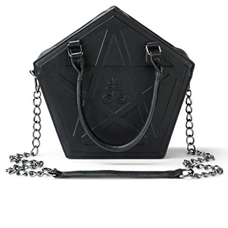 Pentagram Chain Star Punk Soft Gothic Darkness Black Women Leather Handbag