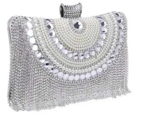 Polyester Rhinestones Diamonds And Beaded Metal Tassel Wedding Bag