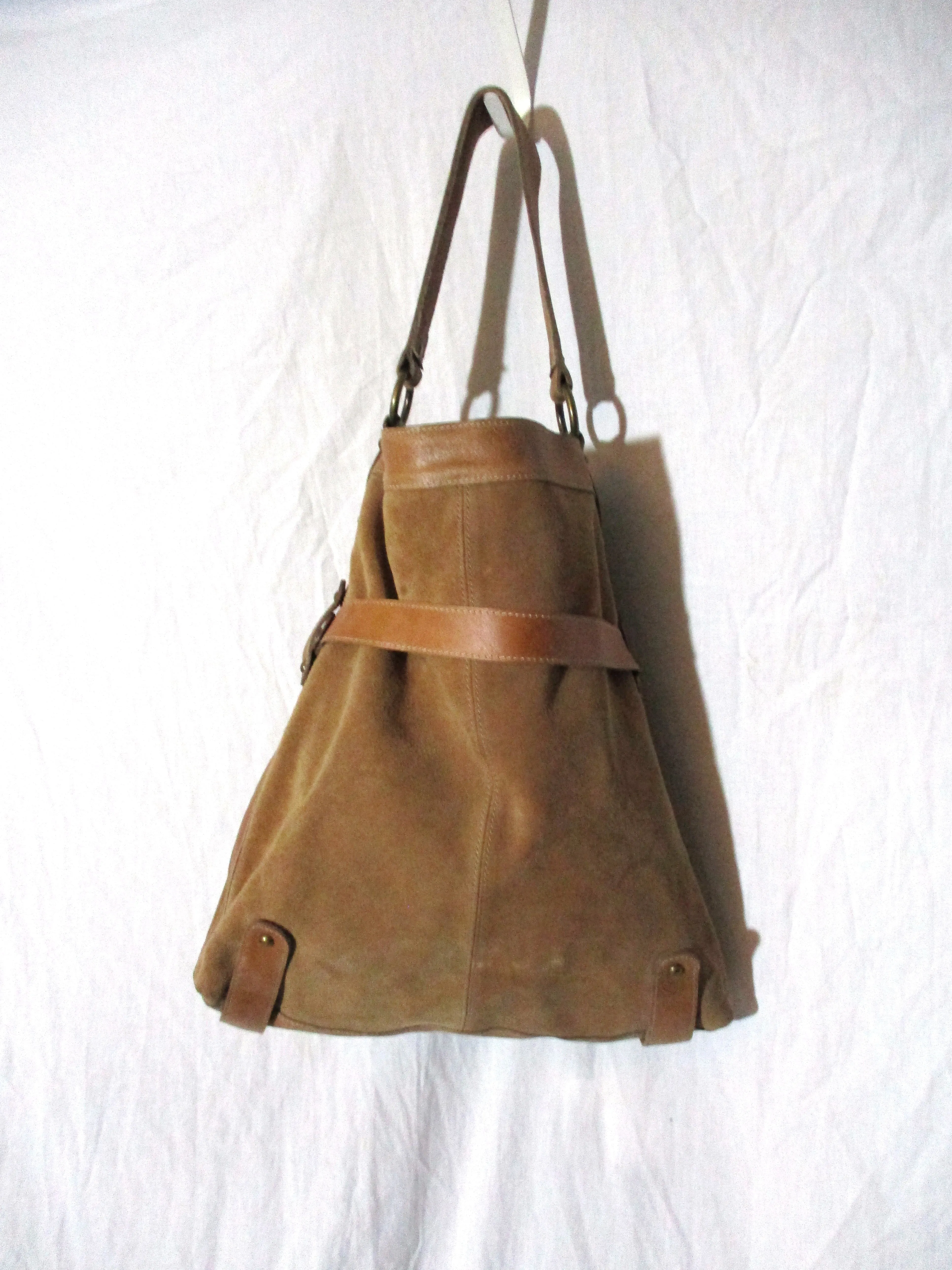 SCULLY Thick SUEDE LEATHER Satchel Hobo Bag Bucket Saddle Bag Stitch BEIGE Hipster Boho