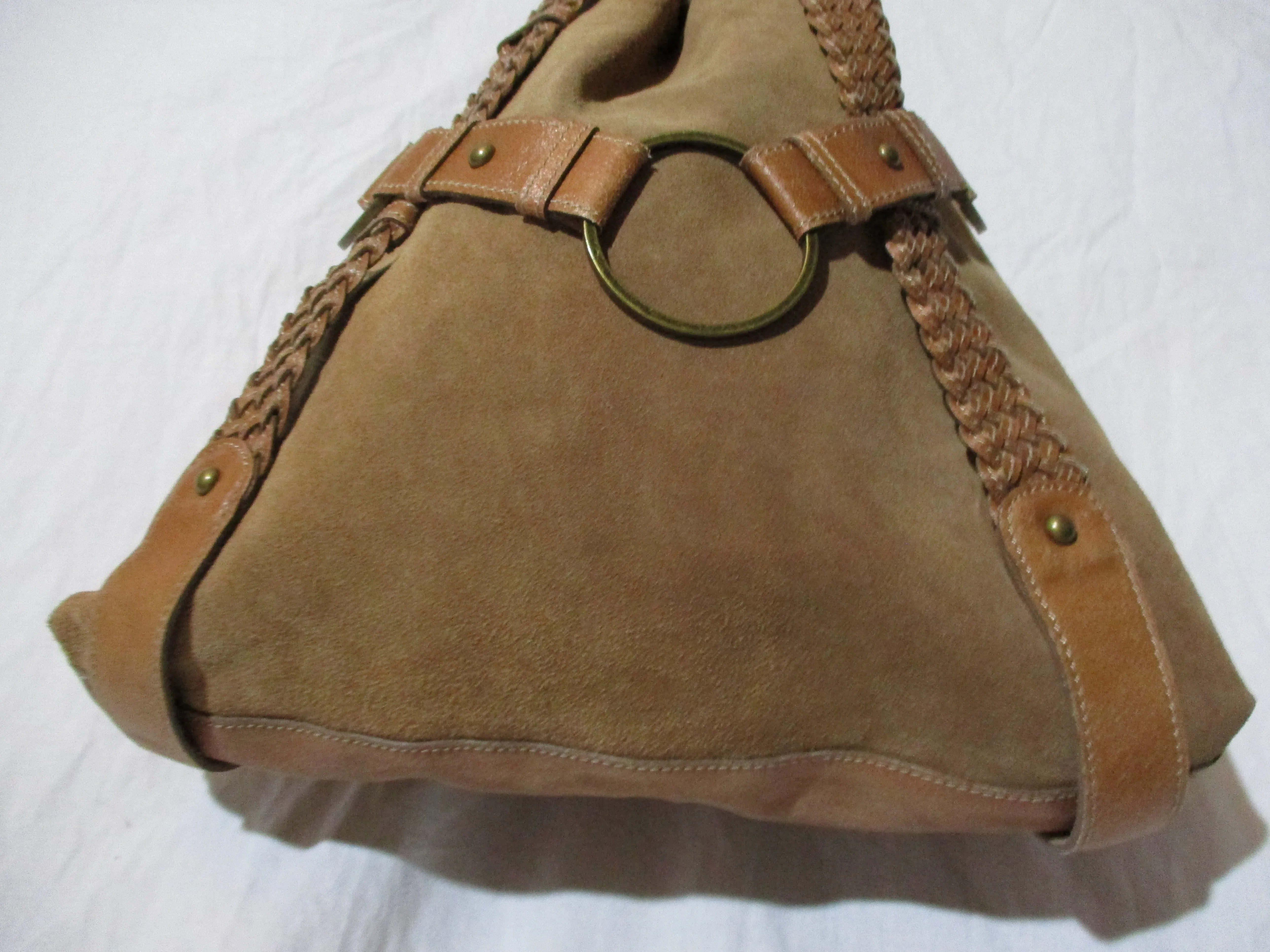 SCULLY Thick SUEDE LEATHER Satchel Hobo Bag Bucket Saddle Bag Stitch BEIGE Hipster Boho