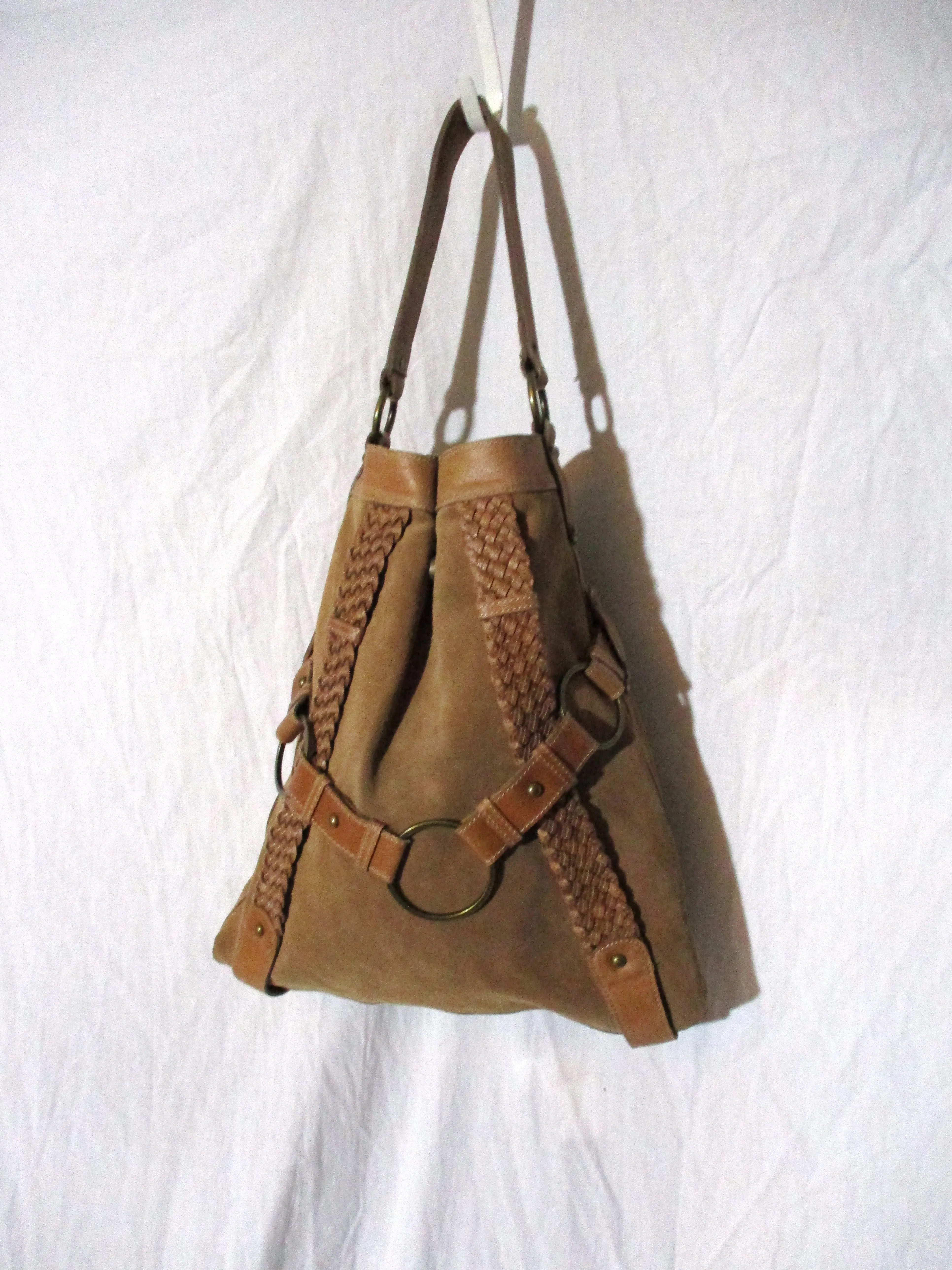 SCULLY Thick SUEDE LEATHER Satchel Hobo Bag Bucket Saddle Bag Stitch BEIGE Hipster Boho