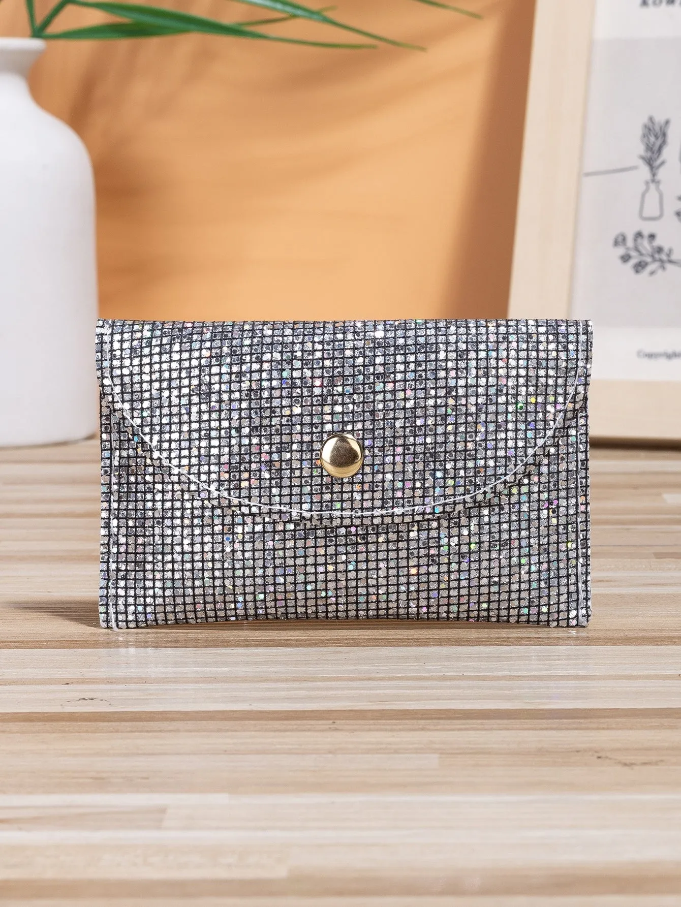 Sequin Decor Flap Card Holder Coin Purse Change Pouch Coin Case Small Wallet