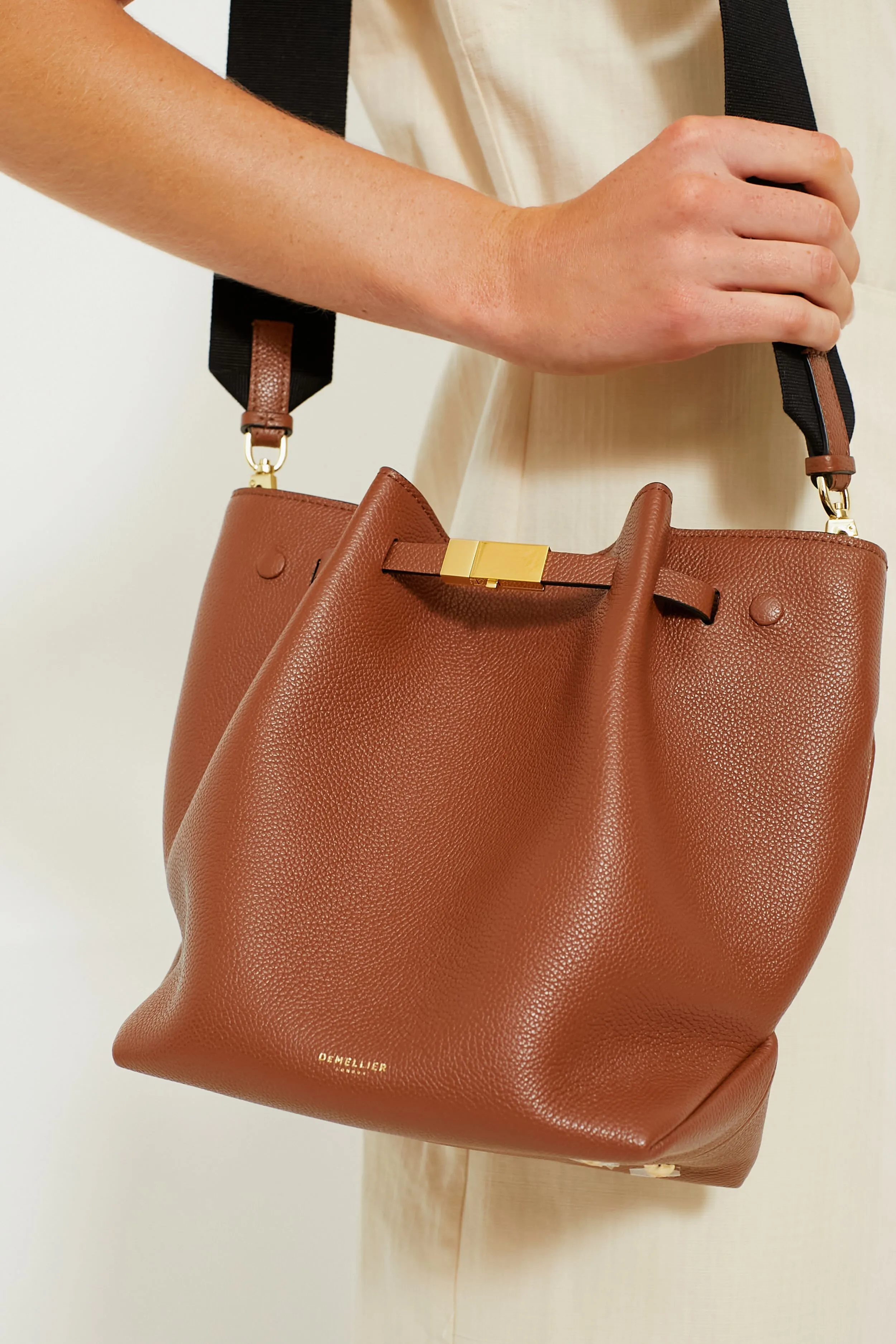 Tan New York Bucket Bag with Webbing Strap