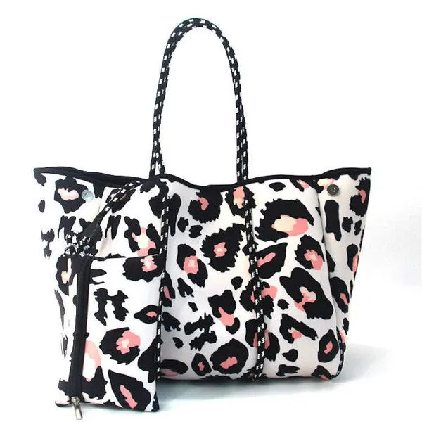 White Multi Leopard Neoprene Tote