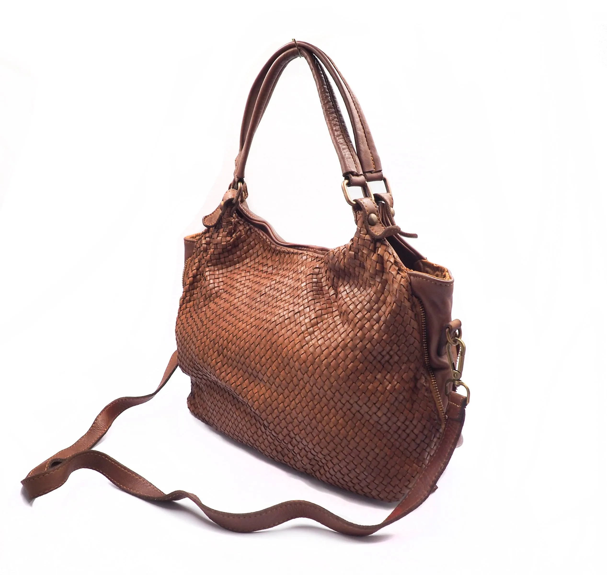 Woven Vintage Style Expandable Brown Super Soft Washed Calf Leather Handbag Made In Italy